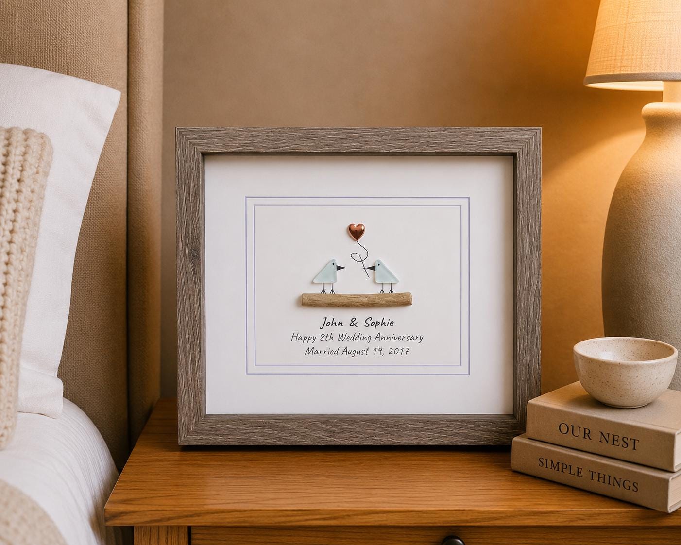 8th Wedding Anniversary 8x10" Framed Sea Glass Art, Personalized Bronze Anniversary Gift for Parents, Wife, Husband, Friends