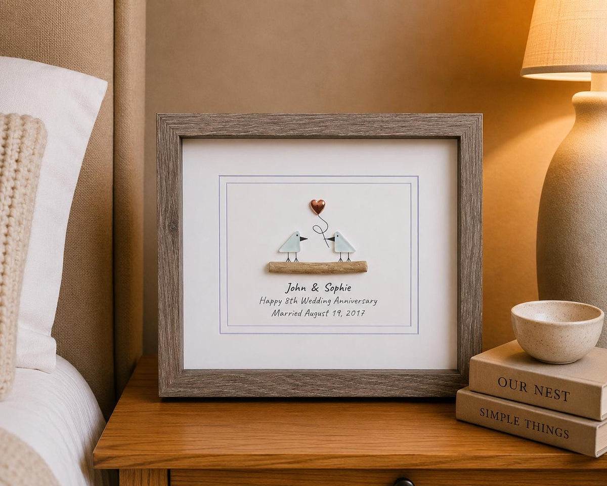 8th Wedding Anniversary 8x10" Framed Sea Glass Art, Personalized Bronze Anniversary Gift for Parents, Wife, Husband, Friends