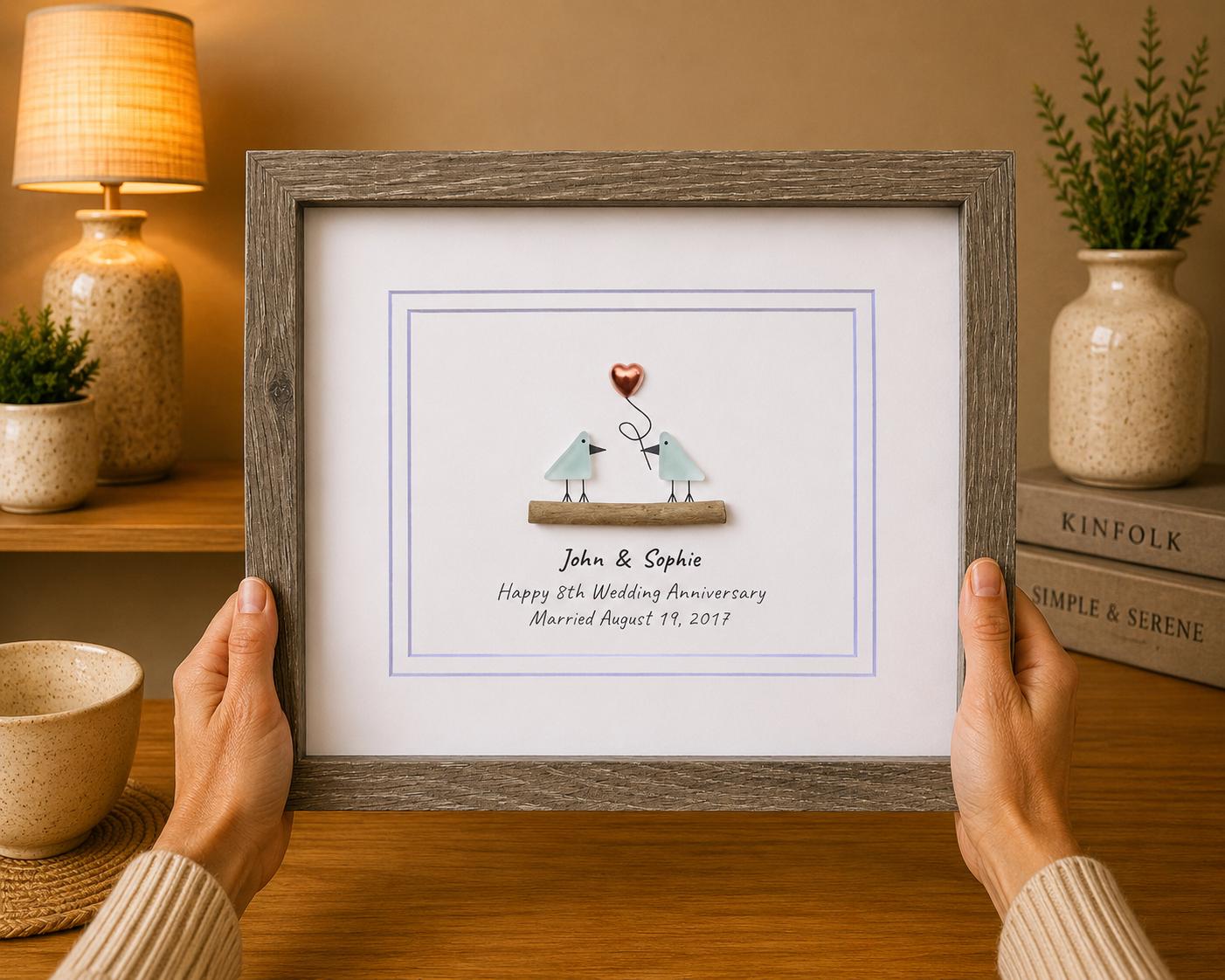 8th Wedding Anniversary 8x10" Framed Sea Glass Art, Personalized Bronze Anniversary Gift for Parents, Wife, Husband, Friends