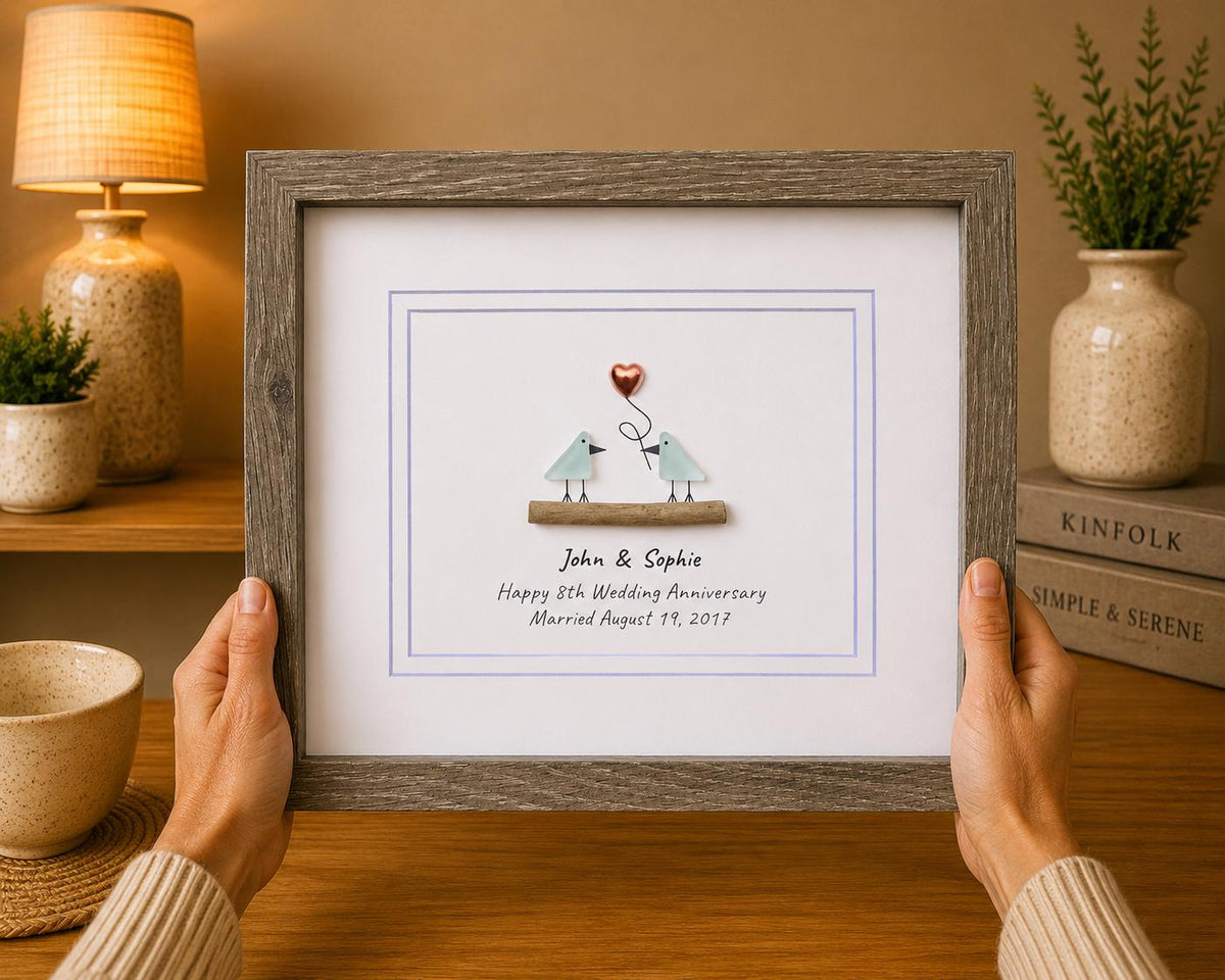 8th Wedding Anniversary 8x10" Framed Sea Glass Art, Personalized Bronze Anniversary Gift for Parents, Wife, Husband, Friends