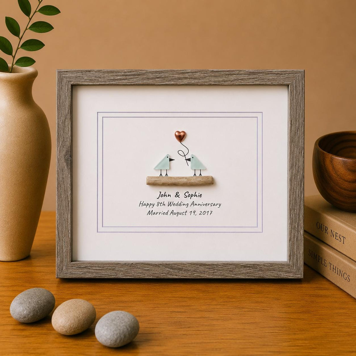 8th Wedding Anniversary 8x10" Framed Sea Glass Art, Personalized Bronze Anniversary Gift for Parents, Wife, Husband, Friends