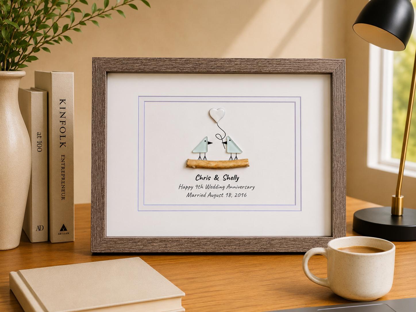 9th Wedding Anniversary Pebble Art | Sea Glass Love Birds With Ceramic Heart