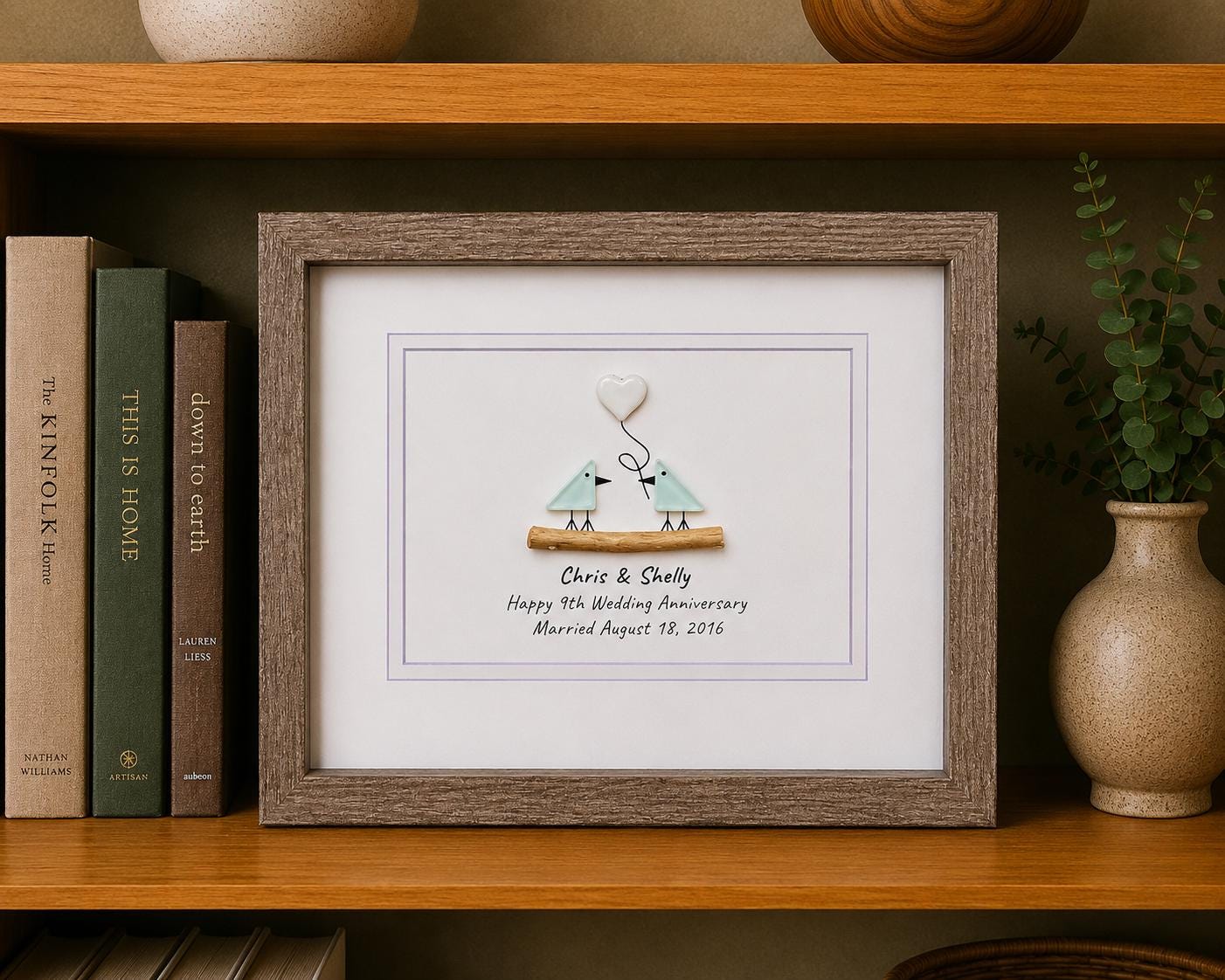 9th Wedding Anniversary Pebble Art | Sea Glass Love Birds With Ceramic Heart