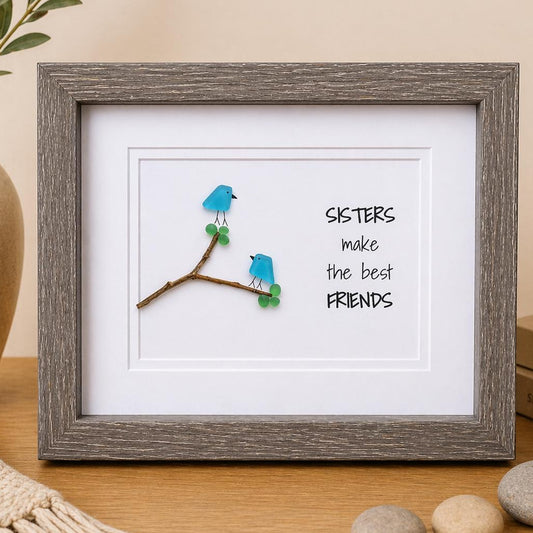 Sisters Make The Best Friends | Gift for Sister | Unique Sister | Friendship Art | Sea Glass Birds | 8x10 Sea Glass and Driftwood Art