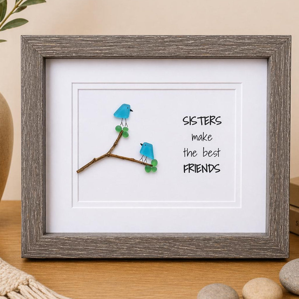 Sisters Make The Best Friends | Gift for Sister | Unique Sister | Friendship Art | Sea Glass Birds | 8x10 Sea Glass and Driftwood Art