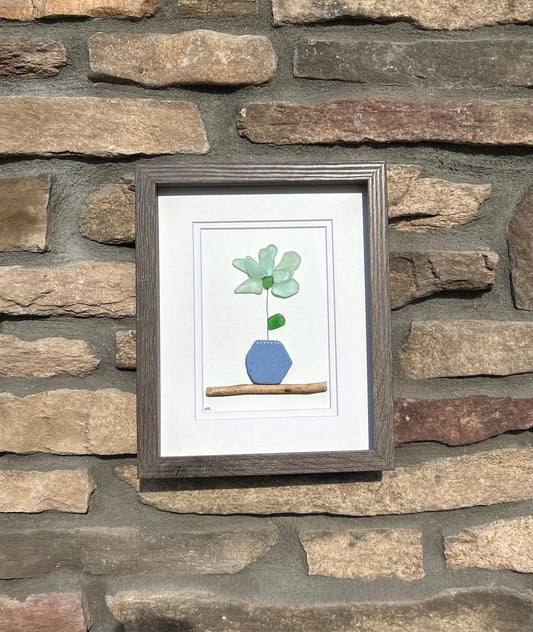 Sea Glass Flower Mosaic | 8x10 Framed Beach Art with Spanish Pottery & Scottish Sea Glass | Gift for Plant Lover | Gift for Gardner