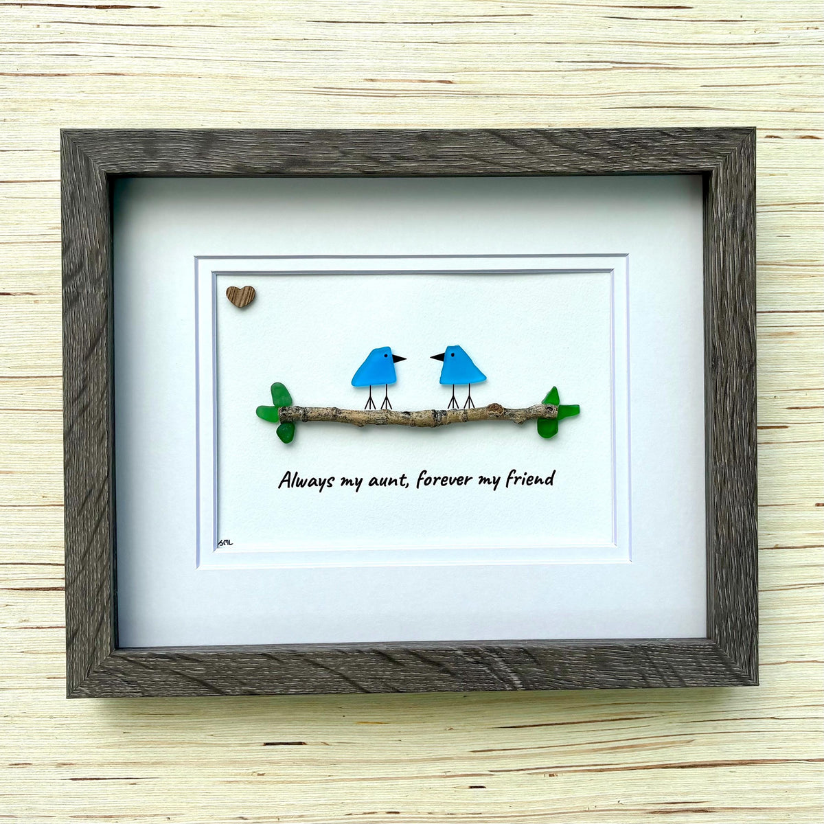 Always My Aunt, Forever My Friend | Blue Sea Glass Birds | Framed Art Gift for Aunt | Handmade Coastal Pebble Artwork