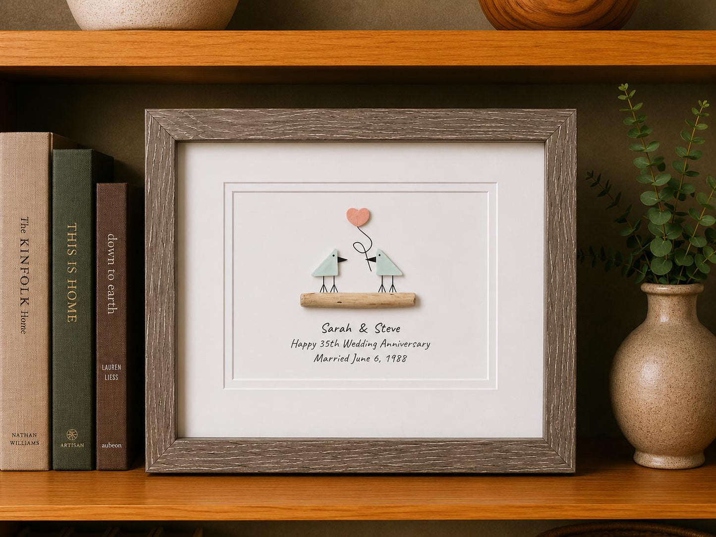 Personalized Sea Glass Anniversary Art, Coral Heart, 35th Anniversary