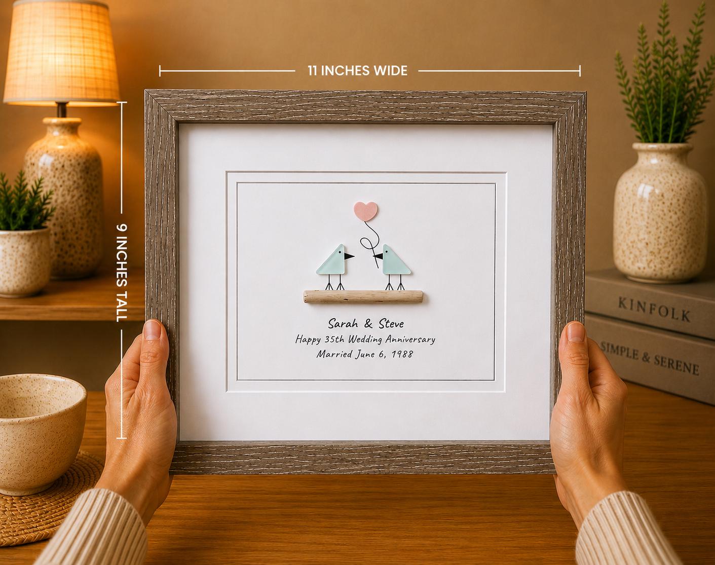 Personalized Sea Glass Anniversary Art, Coral Heart, 35th Anniversary