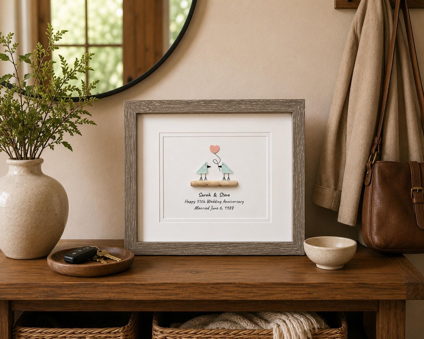 Personalized Sea Glass Anniversary Art, Coral Heart, 35th Anniversary