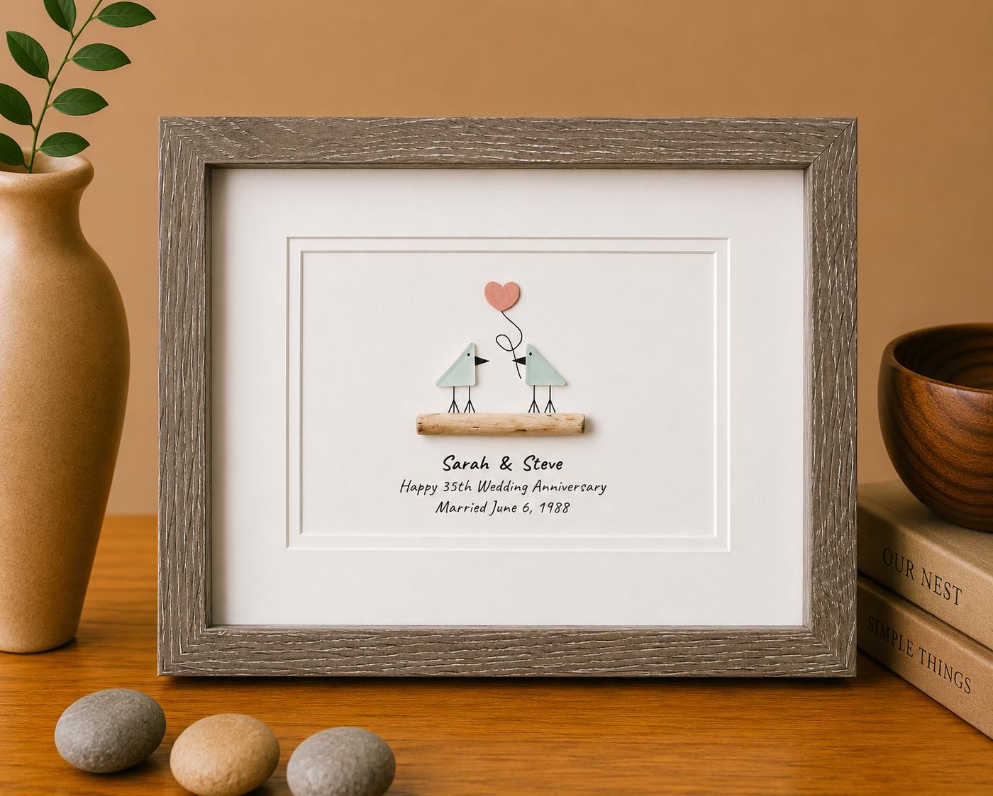 Personalized Sea Glass Anniversary Art, Coral Heart, 35th Anniversary
