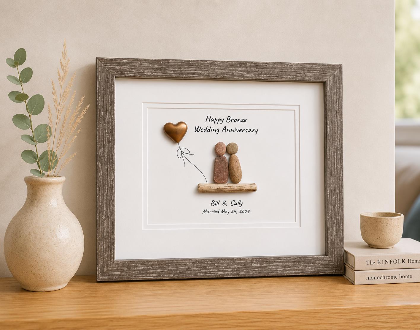Personalized Pebble Art 8th Anniversary Gift | Bronze Heart