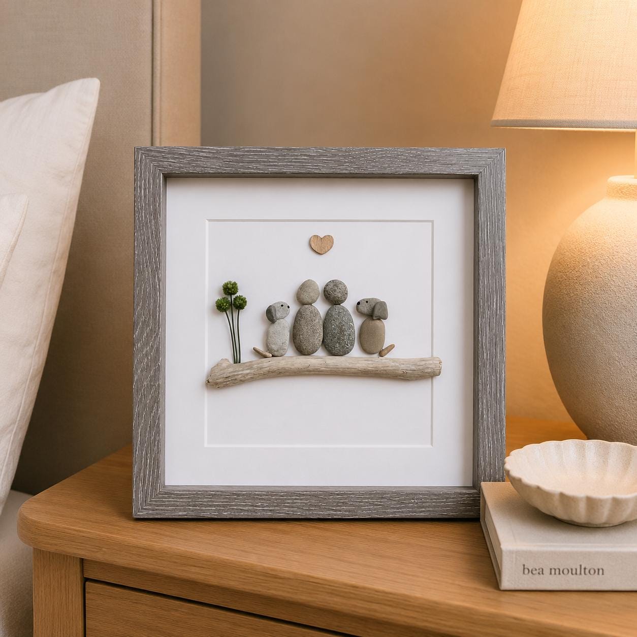 Couple with Two Dogs, 8x8 Framed Pebble Art, Personalized Pet Artwork, Perfect Gift for Dog Owners