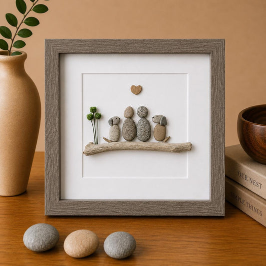 Couple with Two Dogs, 8x8 Framed Pebble Art, Personalized Pet Artwork, Perfect Gift for Dog Owners