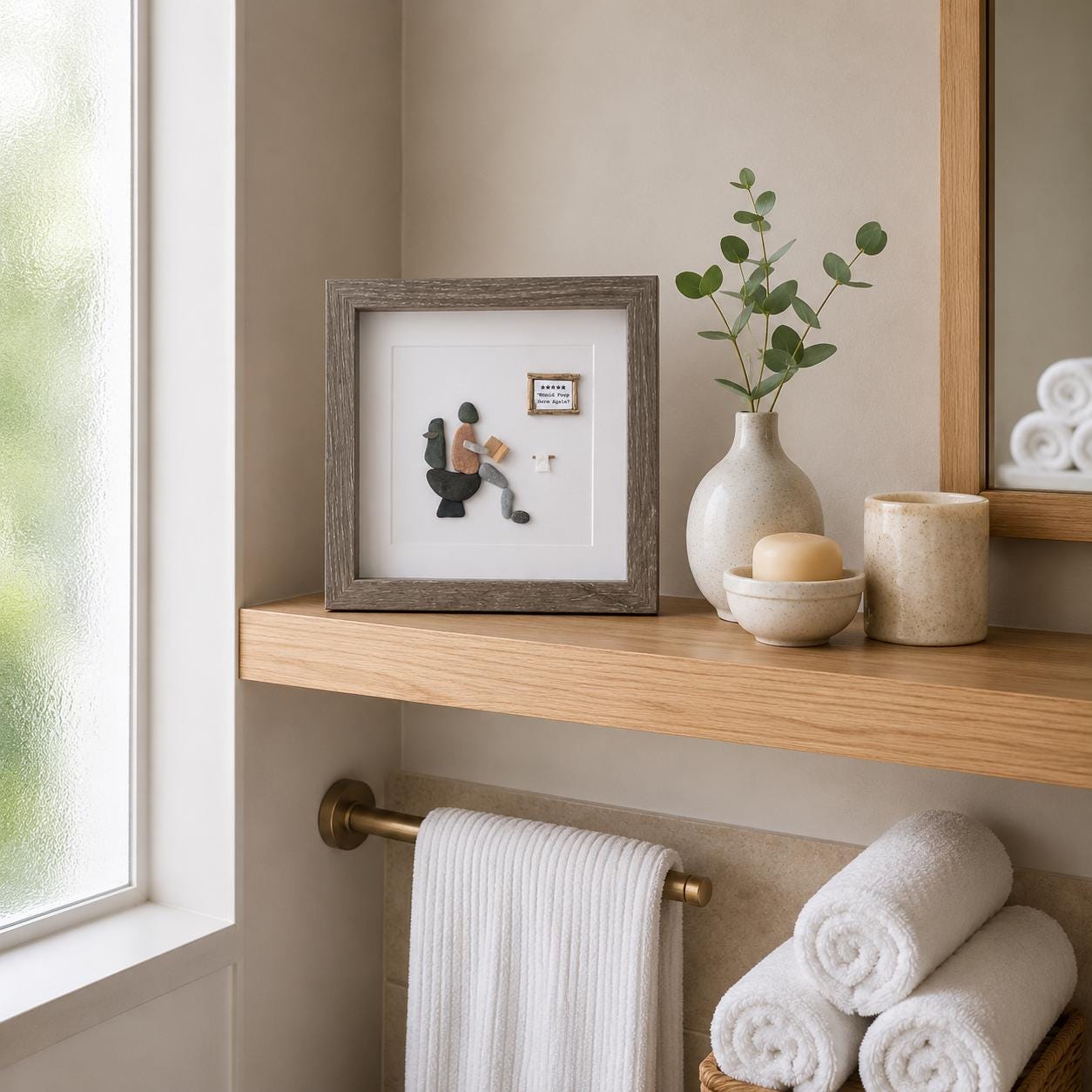 Five Stars Would Poop Here Again Bathroom Art, 9x9 Framed Handmade Pebble Art, Perfect Funny Gift for Housewarming, Anniversary, Birthday