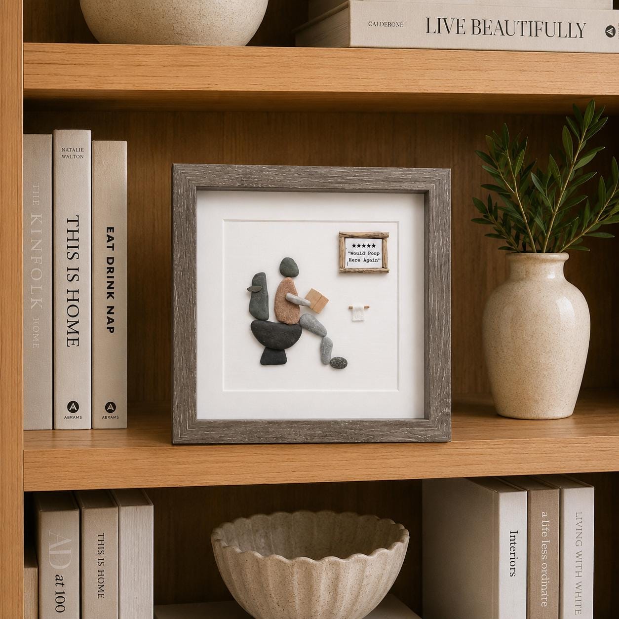 Five Stars Would Poop Here Again Bathroom Art, 9x9 Framed Handmade Pebble Art, Perfect Funny Gift for Housewarming, Anniversary, Birthday