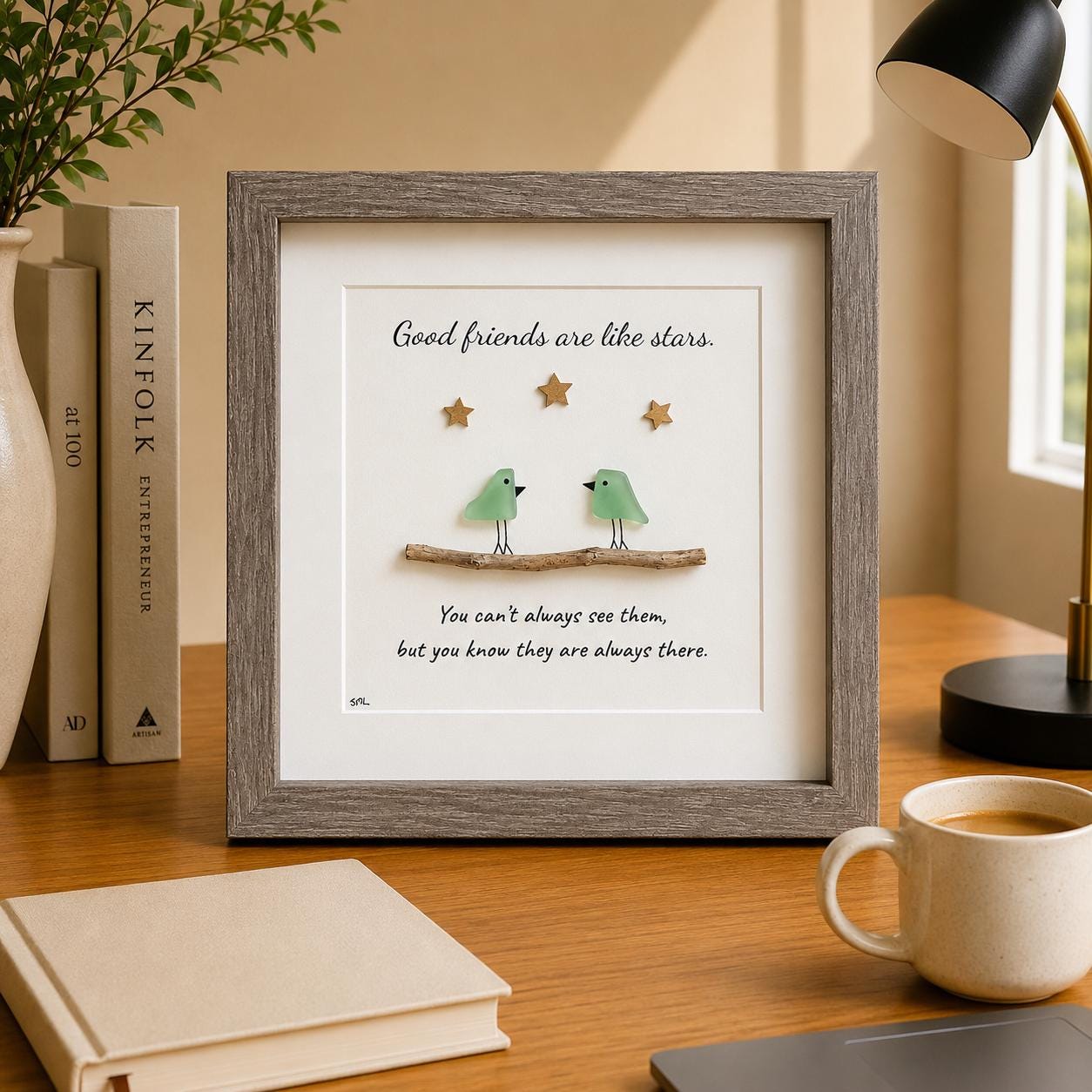 Good Friends Are Like Stars, Framed Sea Glass Art Gift for Close Friend (9x9”)