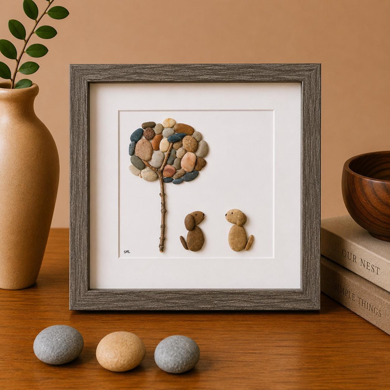 Framed Pebble Art, Two Dogs Under Tree, Gift for Dog Owners (9x9)