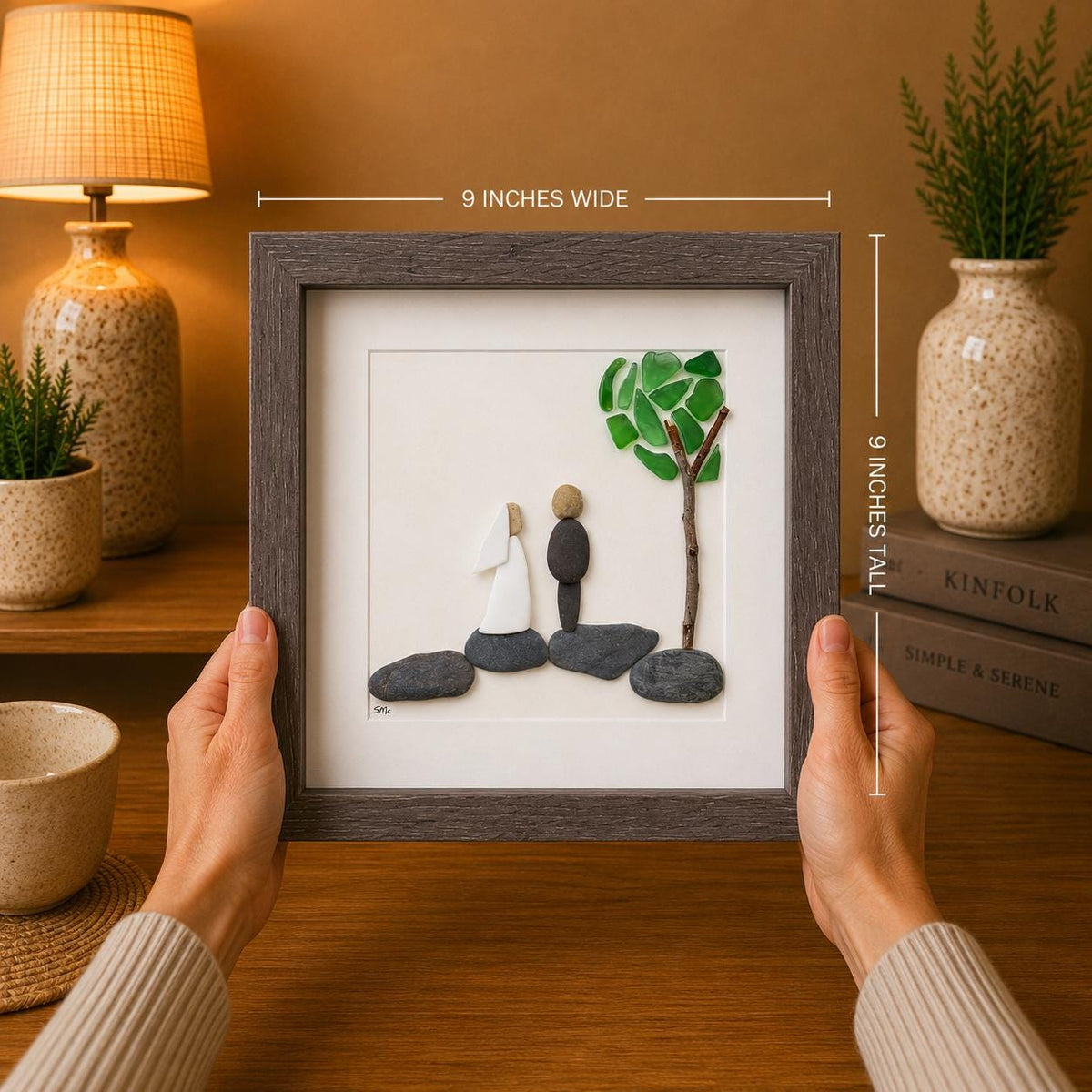 Unique Wedding Gift, 8x8 Handmade Pebble, Sea Glass and Pottery Collage, Great Personalized Gift for Newly Weds