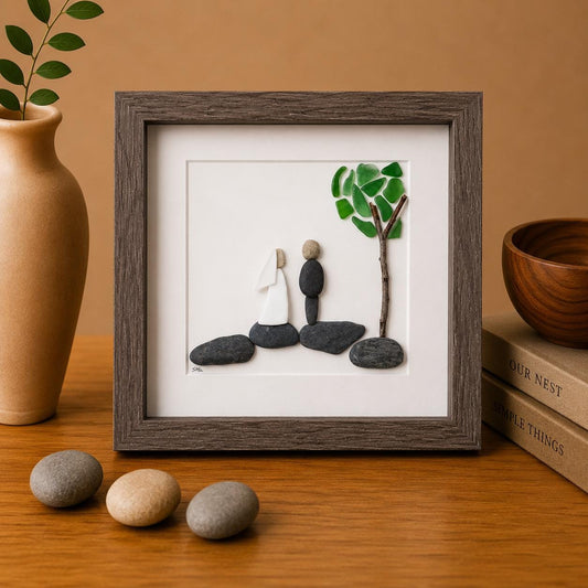 Unique Wedding Gift, 8x8 Handmade Pebble, Sea Glass and Pottery Collage, Great Personalized Gift for Newly Weds
