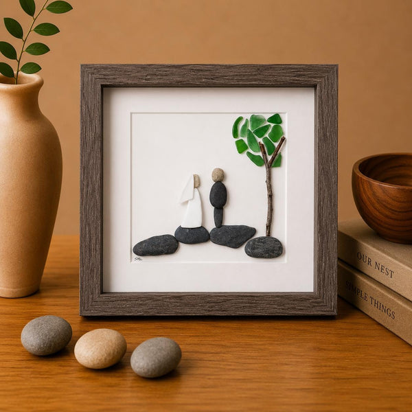Unique Wedding Gift, 8x8 Handmade Pebble, Sea Glass and Pottery Collage, Great Personalized Gift for Newly Weds