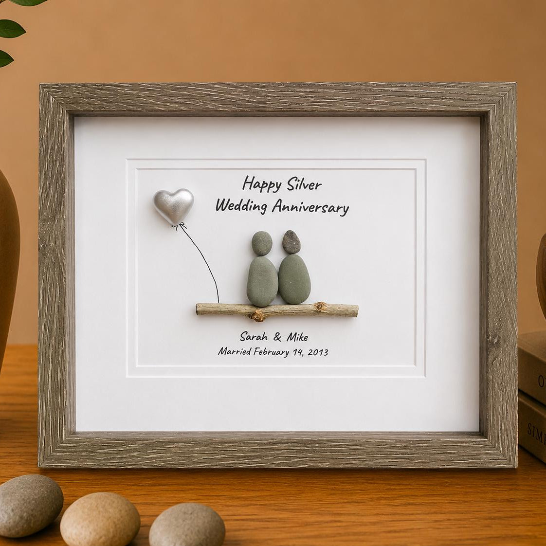 Silver Anniversary | 25th Wedding Anniversary | Unique 25th Anniversary | Gift for Wife, Husband, Parent, Couple, Friends | 8x10 Pebble Art
