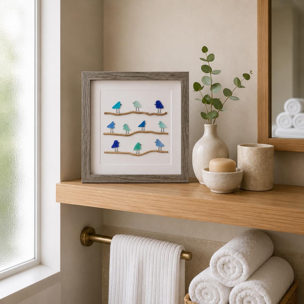 Sea Glass Birds on Driftwood | Coastal Framed Art (8x8)