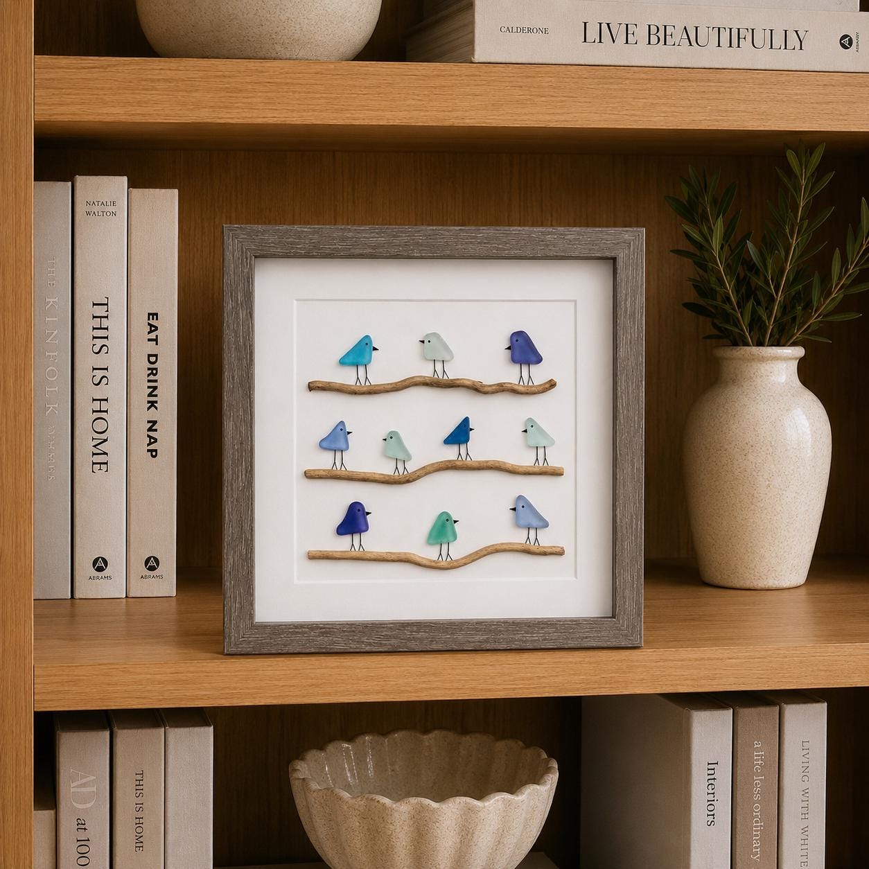 Sea Glass Birds on Driftwood | Coastal Framed Art (8x8)