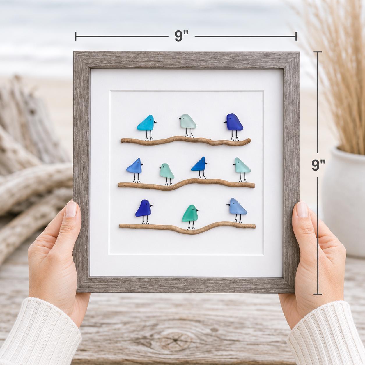 Sea Glass Birds on Driftwood | Coastal Framed Art (8x8)