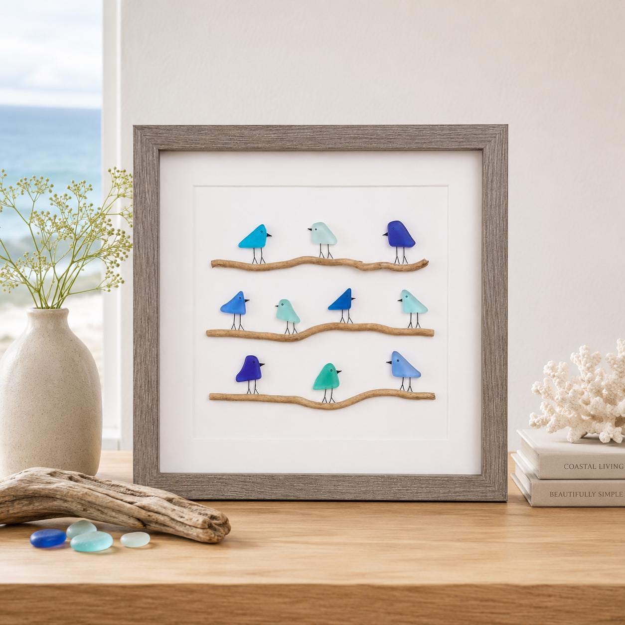 Sea Glass Birds on Driftwood | Coastal Framed Art (8x8)