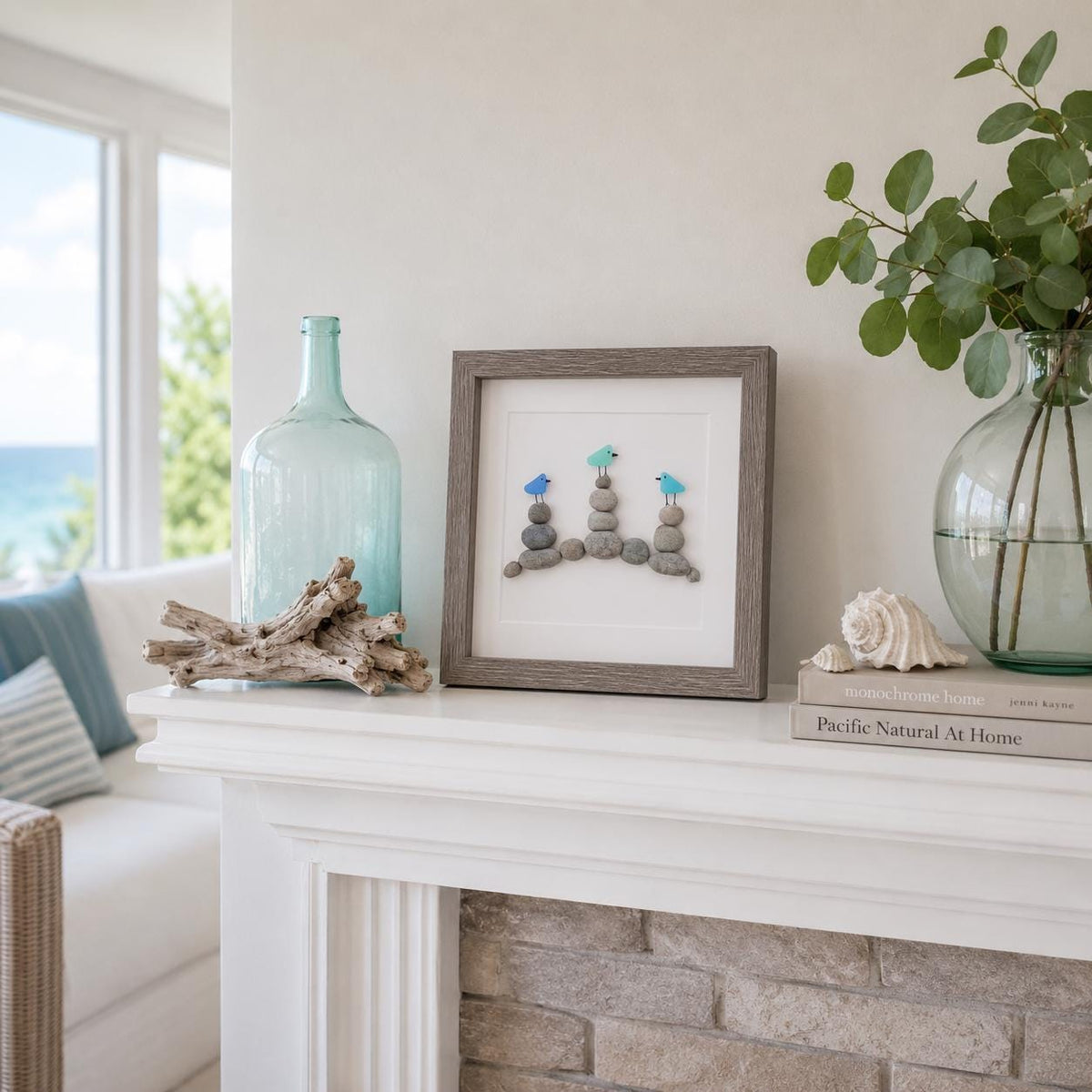 Sea Glass Birds on Rock Piles, 9 x 9 Framed Original Handmade Pebble Beach Art, Minimalist Beach Decor