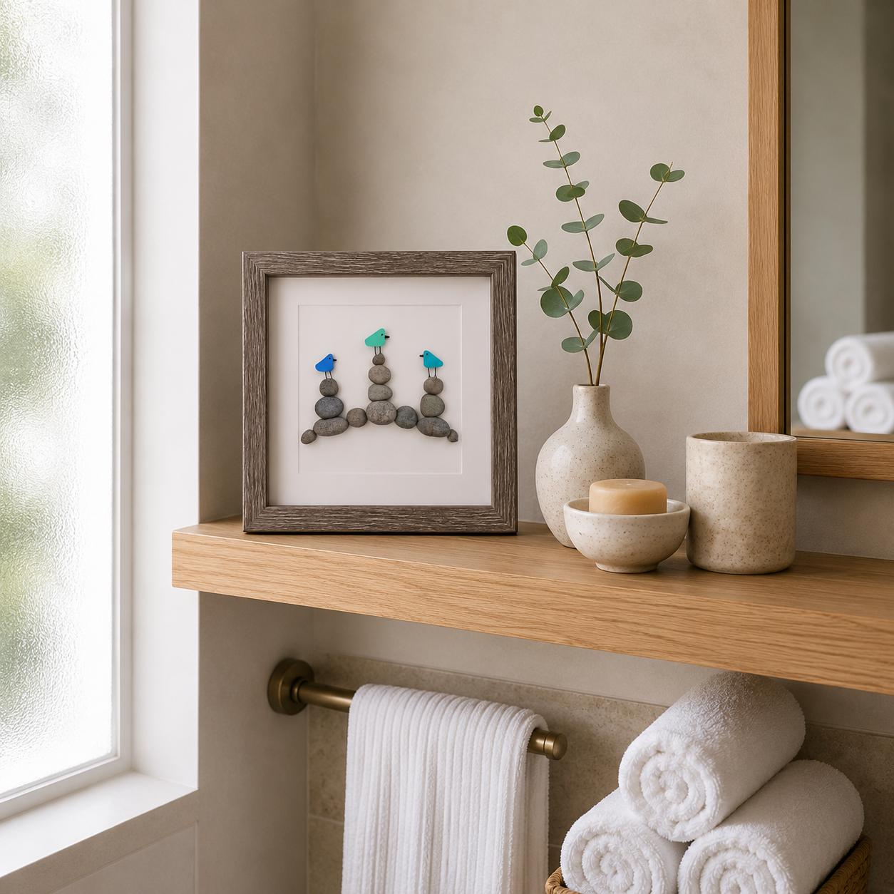 Sea Glass Birds on Rock Piles, 9 x 9 Framed Original Handmade Pebble Beach Art, Minimalist Beach Decor