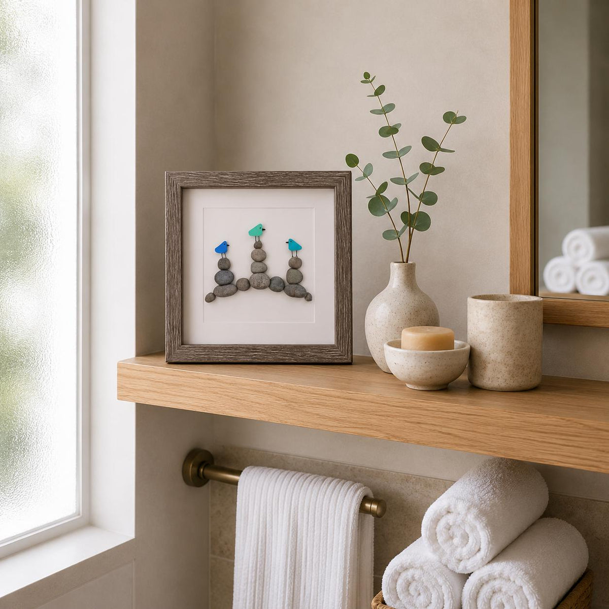 Sea Glass Birds on Rock Piles, 9 x 9 Framed Original Handmade Pebble Beach Art, Minimalist Beach Decor