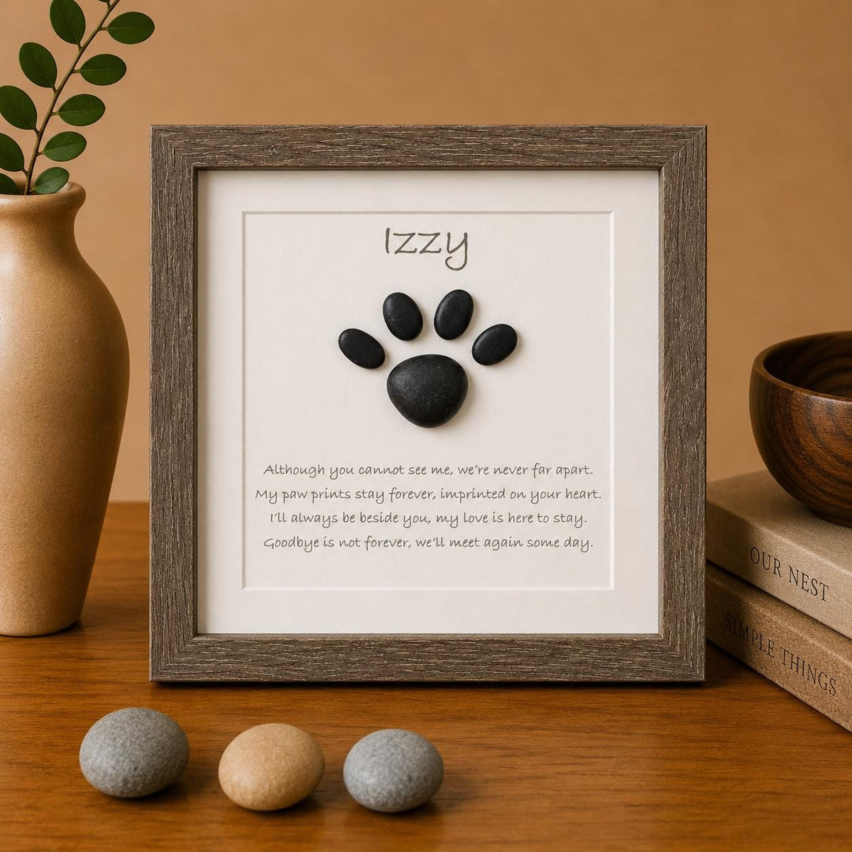 Framed Pebble Art Pet Memorial, Dog Loss Gift, Cat Remembrance