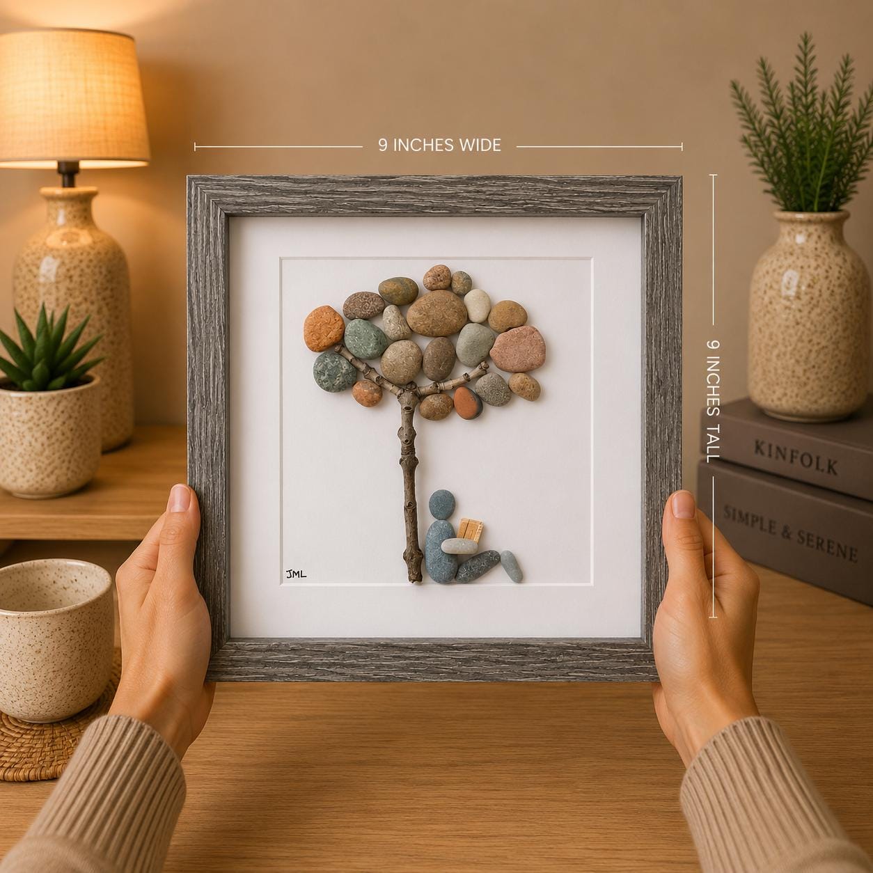 Book Lover Gift | Reading Under Pebble Tree Art | Handmade Pebble Picture for Readers