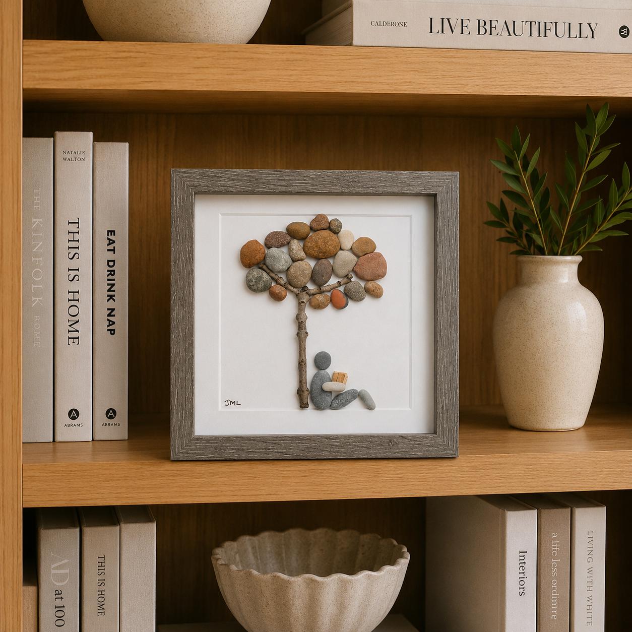 Book Lover Gift | Reading Under Pebble Tree Art | Handmade Pebble Picture for Readers
