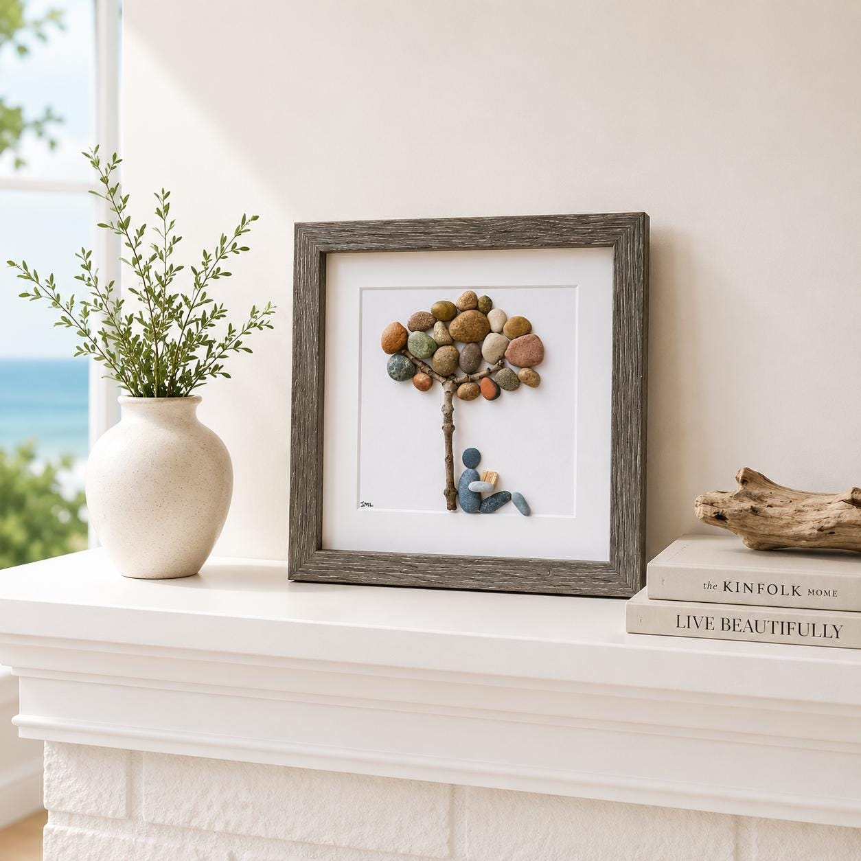 Book Lover Gift | Reading Under Pebble Tree Art | Handmade Pebble Picture for Readers