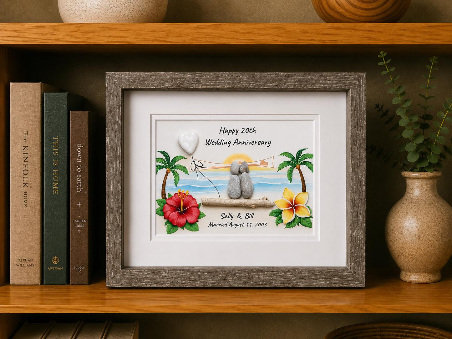 Personalized Hawaii Anniversary Gift, Custom Beach Pebble Art, Tropical Wedding Gift, Coastal Decor, Couple Portrait