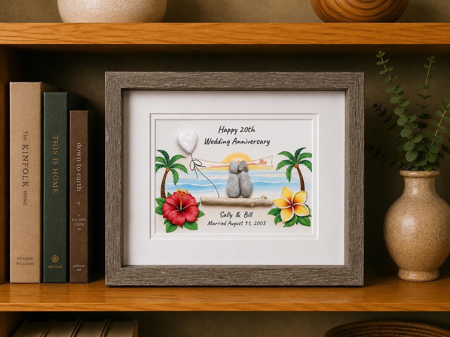 Personalized Hawaii Anniversary Gift, Custom Beach Pebble Art, Tropical Wedding Gift, Coastal Decor, Couple Portrait