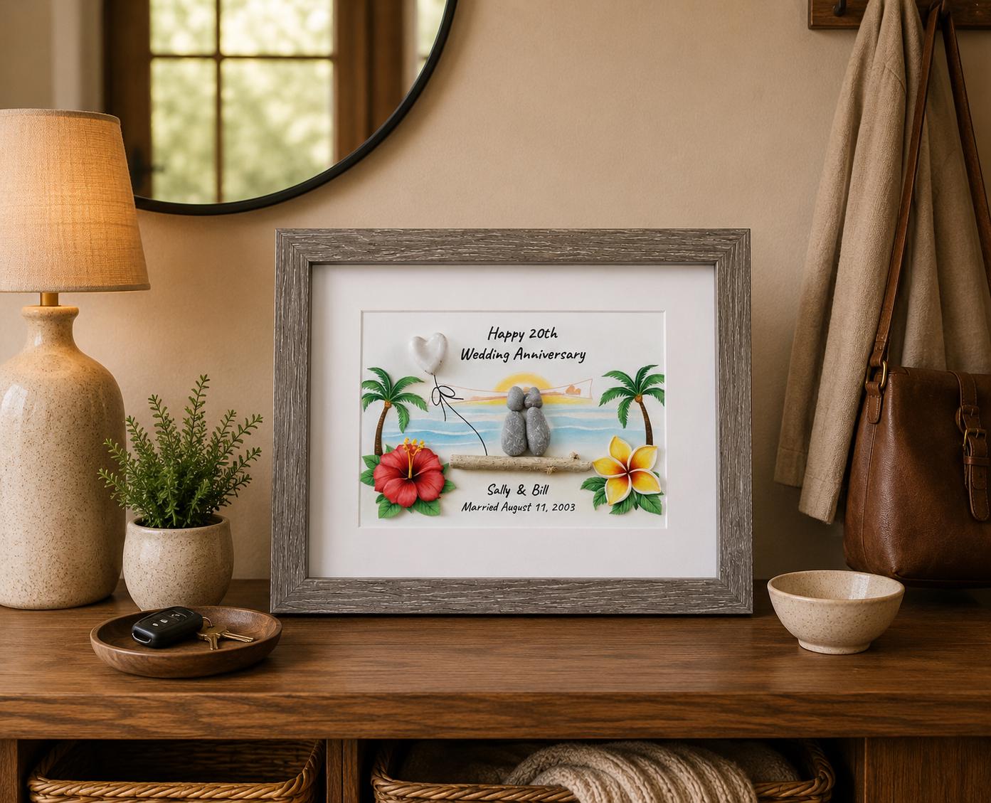Personalized Hawaii Anniversary Gift, Custom Beach Pebble Art, Tropical Wedding Gift, Coastal Decor, Couple Portrait