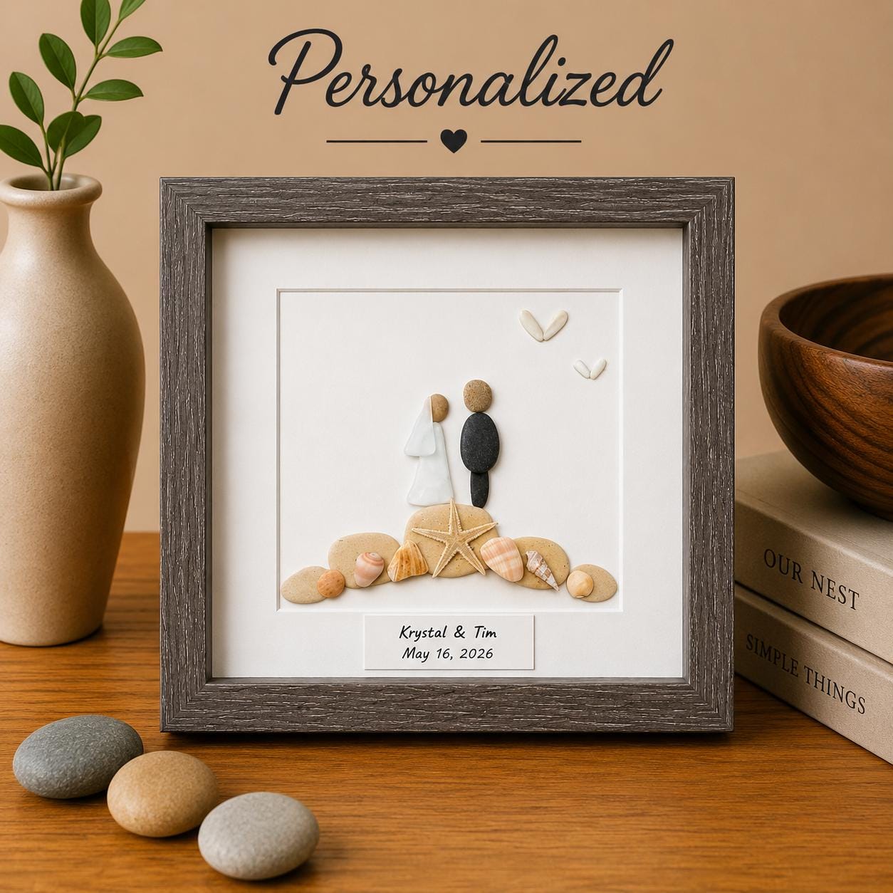 Personalized Beach Wedding Gift, 9x9 Framed Pebble and Sea Glass Art, Perfect Wedding Gift, Engagement Gift, Bridal Shower Gift