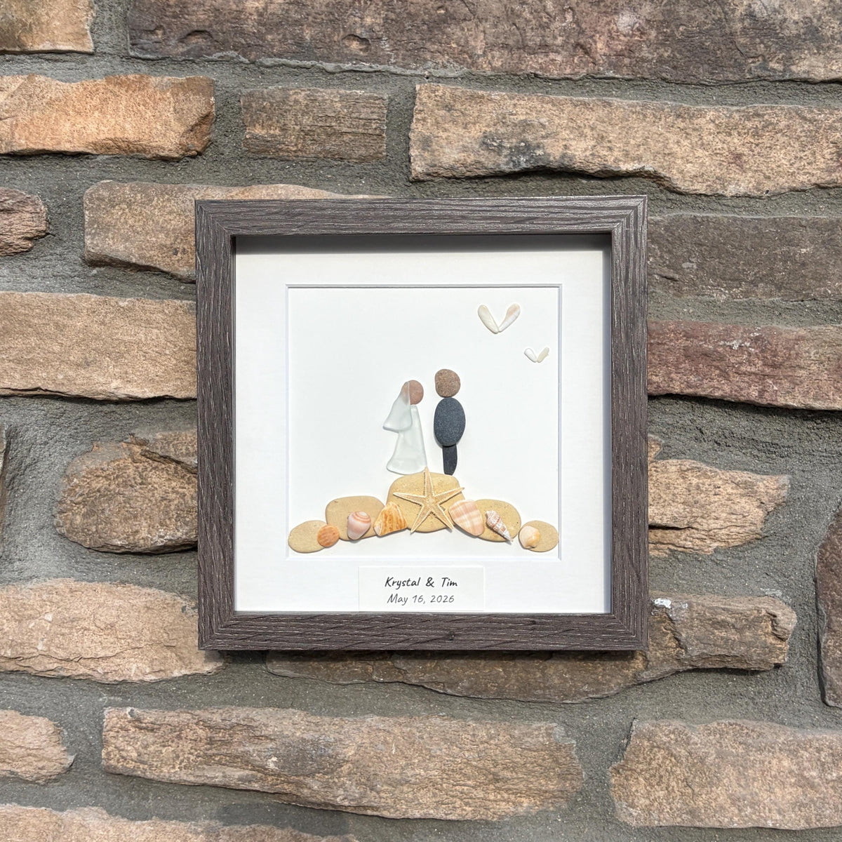 Personalized Beach Wedding Gift, 9x9 Framed Pebble and Sea Glass Art, Perfect Wedding Gift, Engagement Gift, Bridal Shower Gift