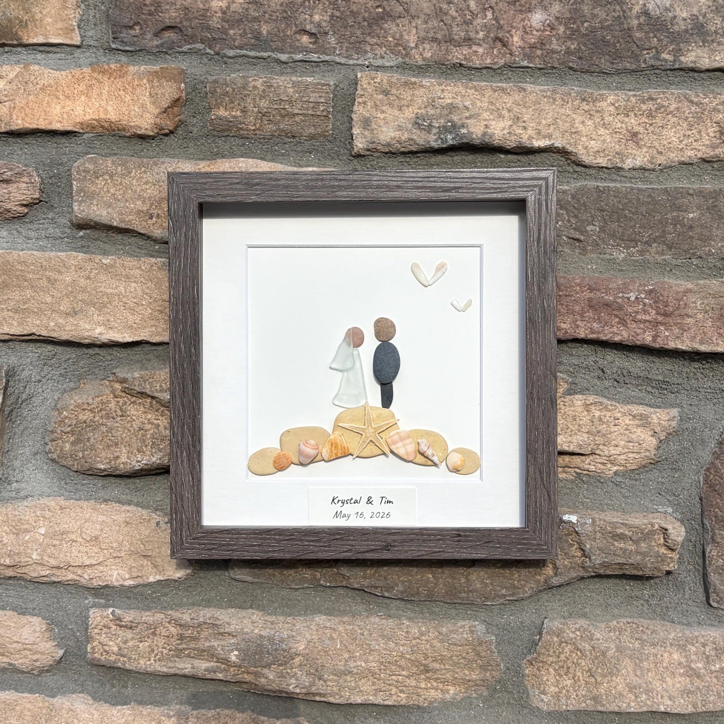 Personalized Beach Wedding Gift, 9x9 Framed Pebble and Sea Glass Art, Perfect Wedding Gift, Engagement Gift, Bridal Shower Gift