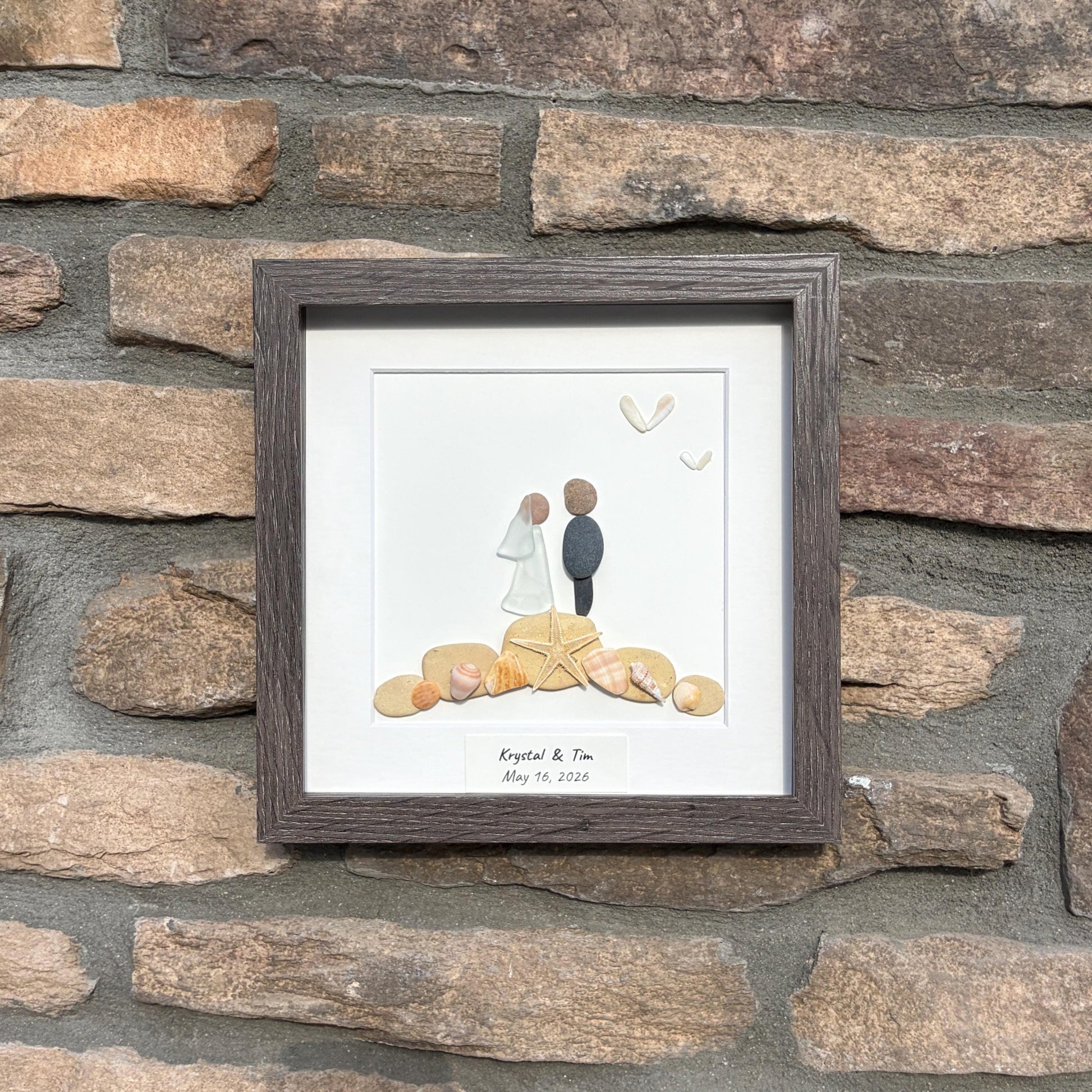 Personalized Beach Wedding Gift, 9x9 Framed Pebble and Sea Glass Art, Perfect Wedding Gift, Engagement Gift, Bridal Shower Gift