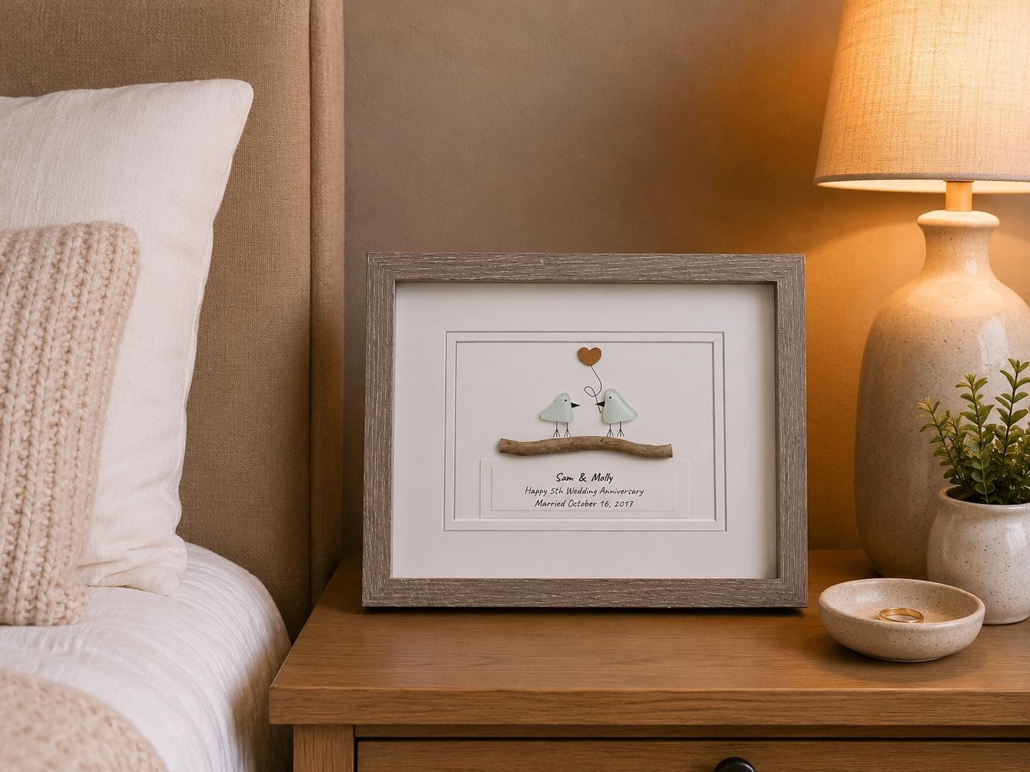 Personalized 5th Anniversary Sea Glass Art, Wood Heart, Driftwood Birds