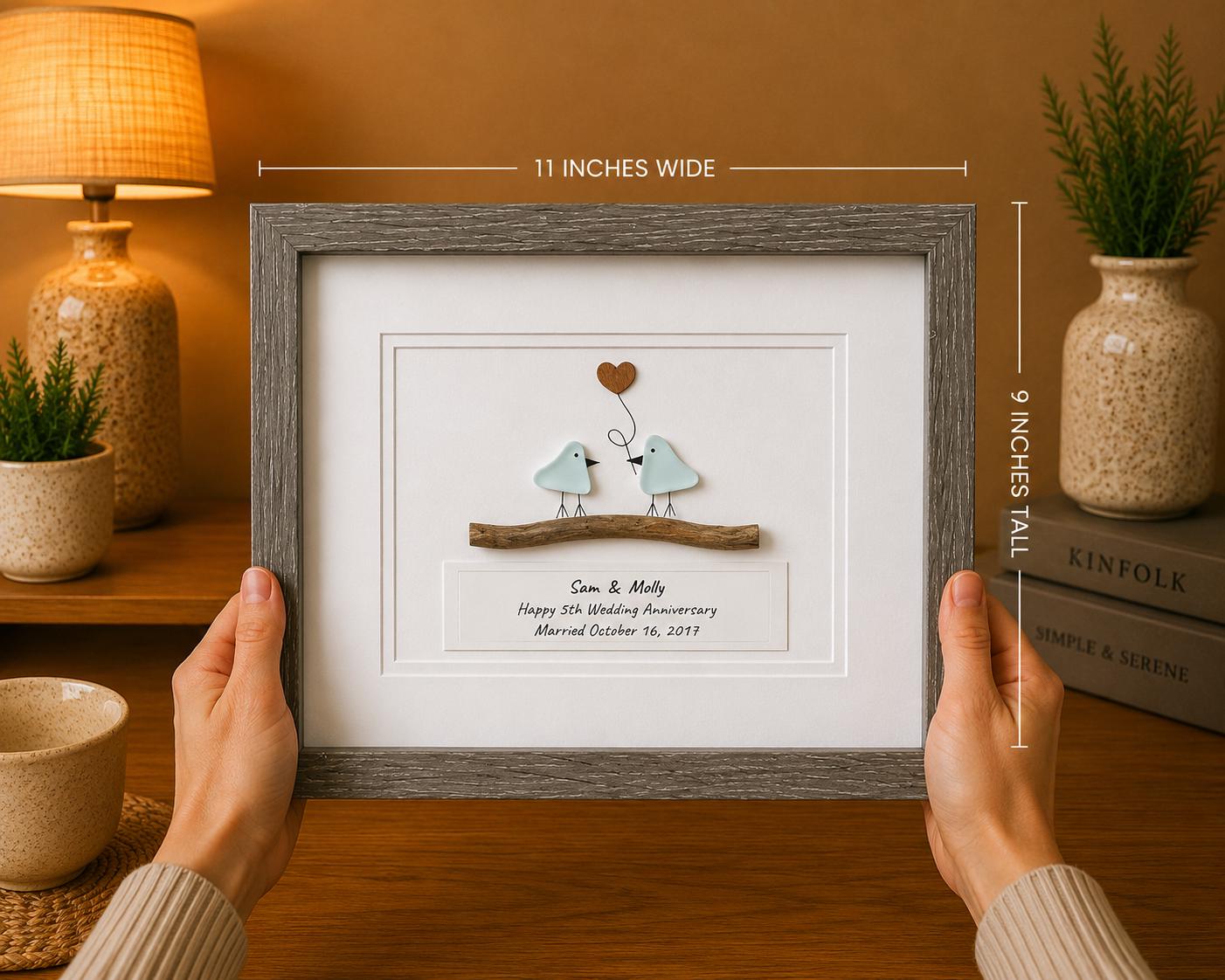 Personalized 5th Anniversary Sea Glass Art, Wood Heart, Driftwood Birds