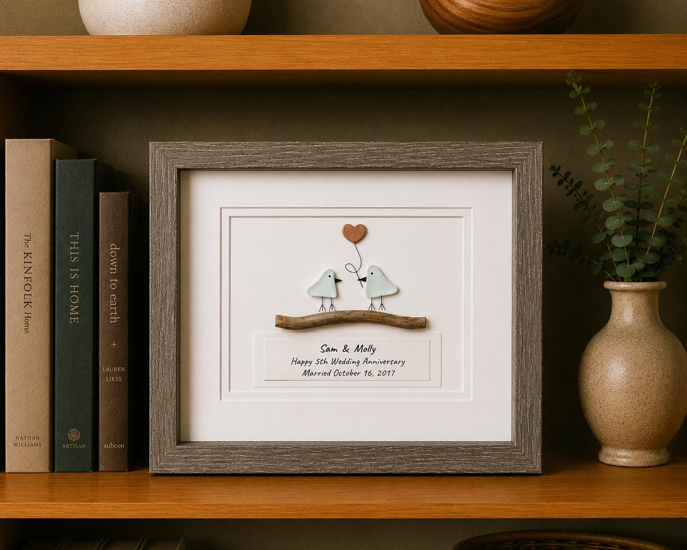 Personalized 5th Anniversary Sea Glass Art, Wood Heart, Driftwood Birds