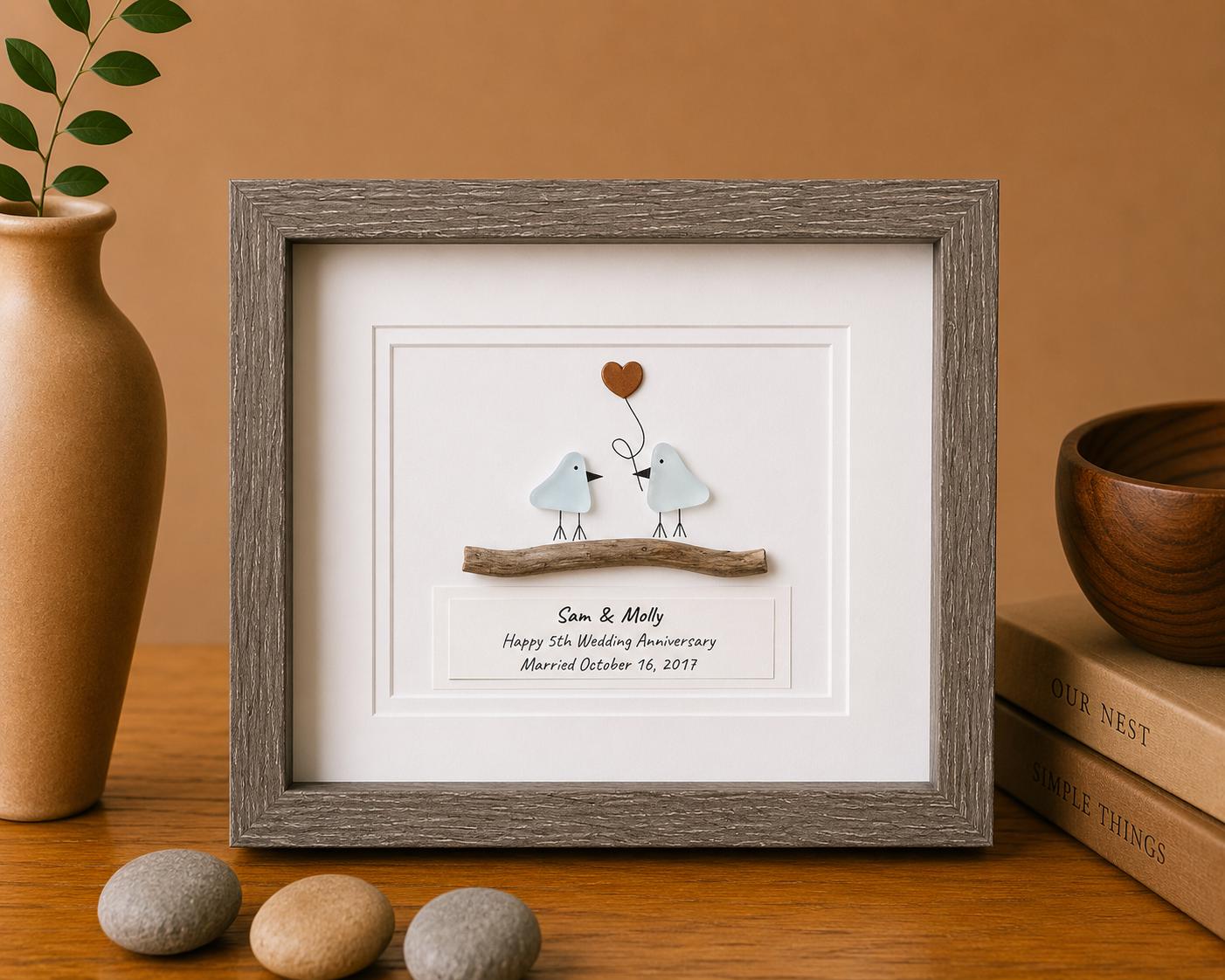 Personalized 5th Anniversary Sea Glass Art, Wood Heart, Driftwood Birds
