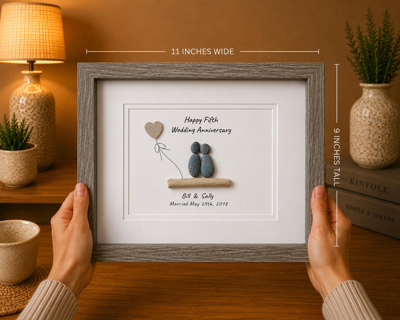 Personalized 5th Anniversary Pebble Art, Framed Wood Anniversary Gift