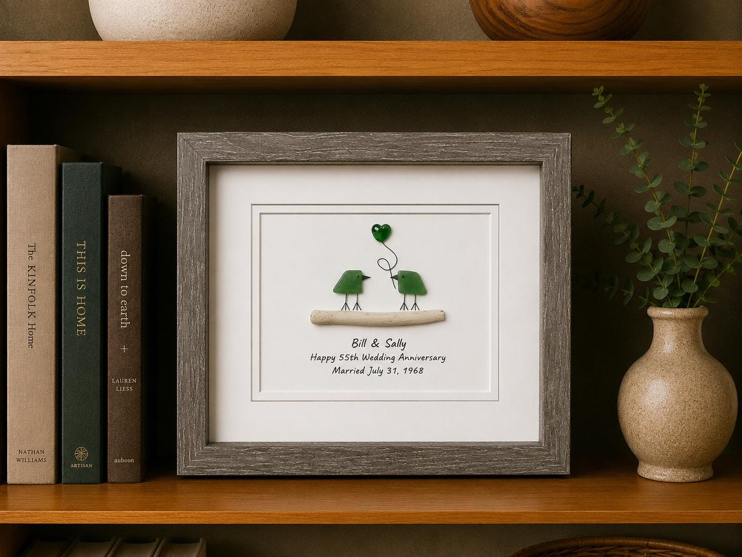 Personalized 55th Anniversary Gift, Sea Glass Birds, Emerald Heart, Framed